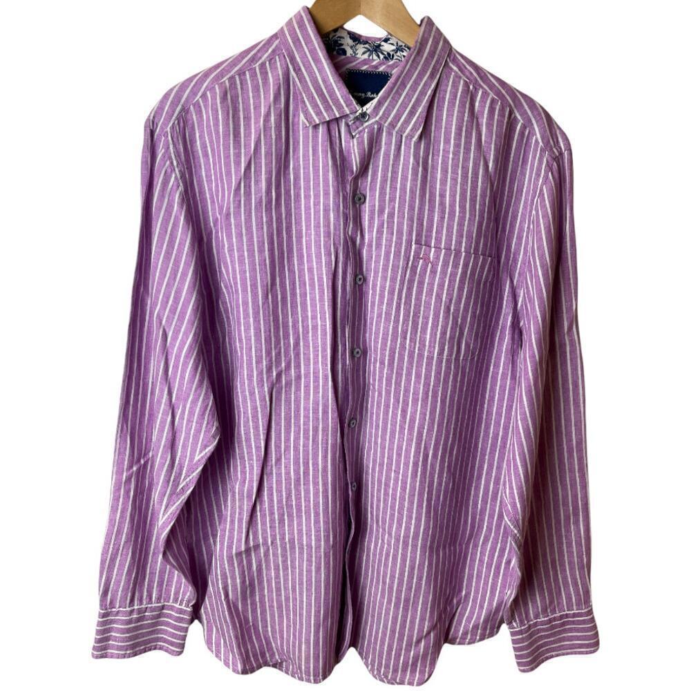 Tommy Bahama Purple Pinstripe Button Down Long Sleeve 100% Linen Shirt Men's L